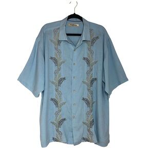 TOMMY BAHAMA Linen Blend Blue Brown Embroidery Palms Button Down Shirt XL